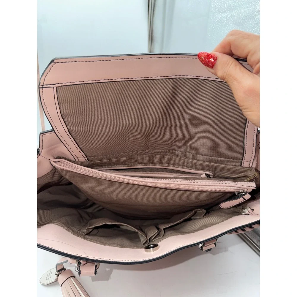 London Fog Blush Pink Whipstitch Satchel Crossbody Bag Tote Silver Hardware